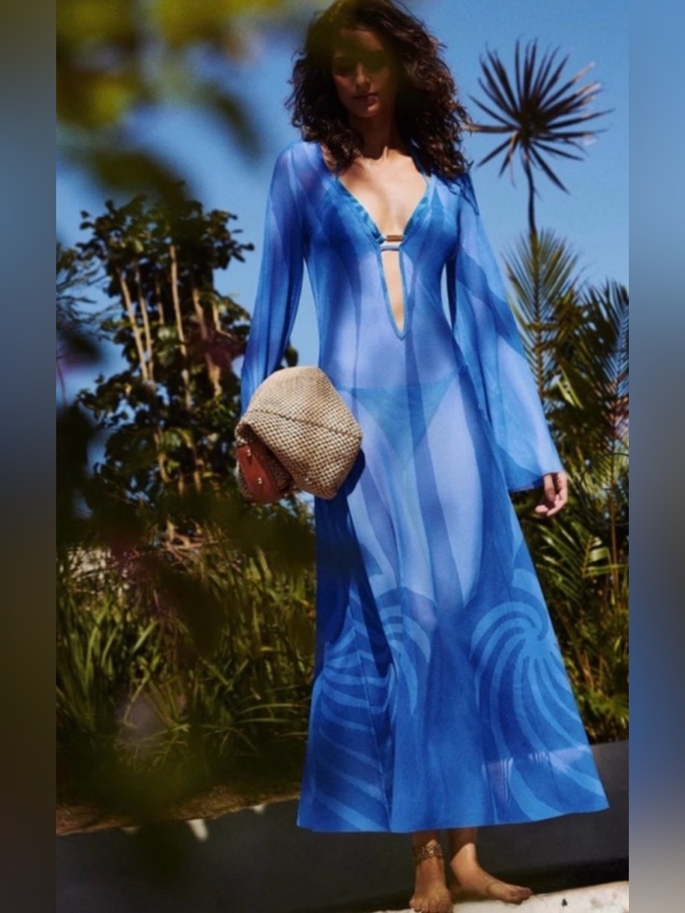 Printed Blue Long Sleeve Cover Up Maxi Dress NWT